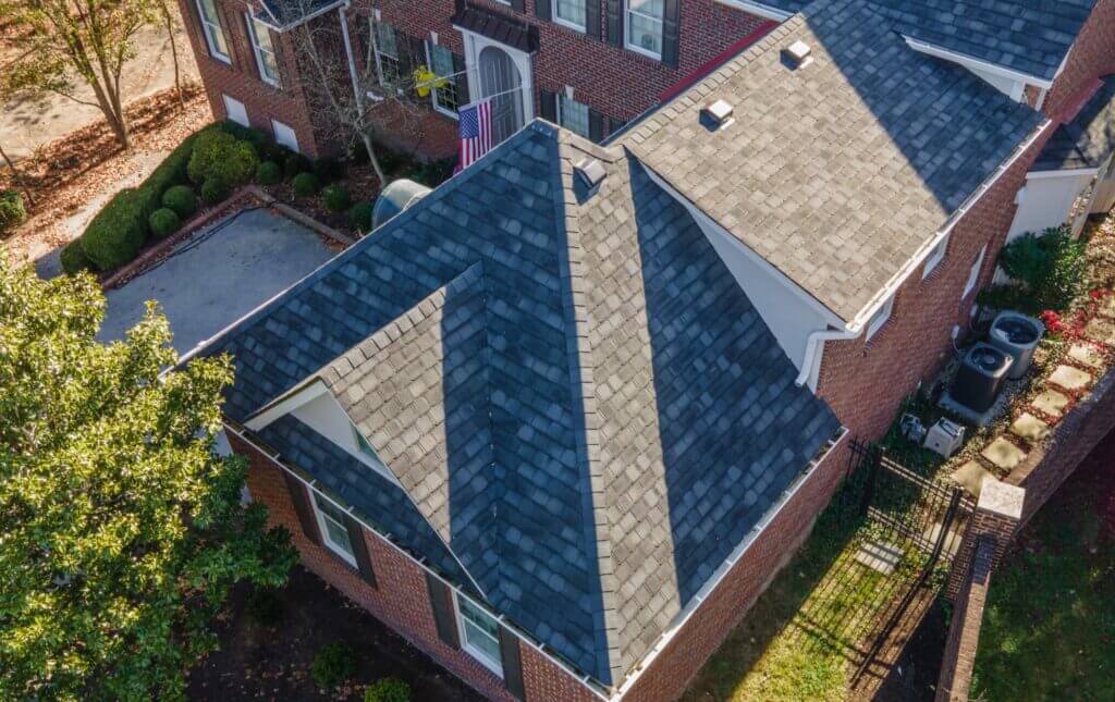 Aerial view of a roof replacement.